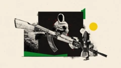 Colagem de imagens mostra uma mão sobre um fuzil AK-47 e duas mulheres com rostos não visíveis, ambas usando lenços brancos que cobrem cabeça e ombros.