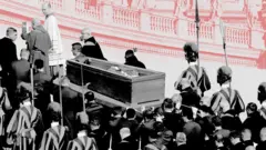 Photo montage of previous pope funeral procession and St Peter's Basilica in the Vatican 