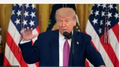 Aarẹ America, Donald Trump n sọrọ lọwọ ninu aworan yii. O nawọ rẹ kan soke lati ṣakawe, o wọ kootu alawọ aro, ṣẹẹti funfun lo wa ninu aṣọ naa, ati tai alawọ elese aluko