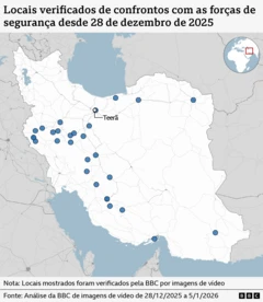 Gráfico da BBC mostra os locais de confrontos com forças de segurança em todo o Irã
