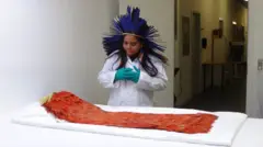 A imagem mostra uma mulher indígena, com cocar azul, vestindo um jaleco branco e luvascomo funciona o fruit slotsborracha verdescomo funciona o fruit slotsuma sala diantecomo funciona o fruit slotsuma maca branca onde está colocado um mantocomo funciona o fruit slotspenas vermlhas