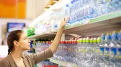 Mulher retira uma garrafa plástica de água mineral da gôndola de um supermercado