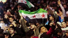 شاب يرفع العلم السوري الجديد 