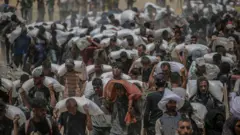 Palestinos deslocados internamente tentam pegar sacos de farinha de um caminhão de ajuda próximo a um ponto de distribuição de alimentos em Zikim, no norte da Faixa de Gaza, em 27 de julho de 2025.