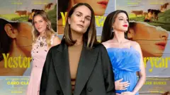 Montagem com imagens da influenciadora Hannah Neeleman, da escritora Caro Clair Burke e da atriz Anne Hathaway, em frente a um cartaz com a capa da edição inglesa do livro 'Bons Tempos: Yesteryear'