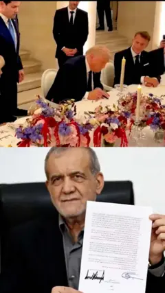 Montaje con el presidente de EE.UU. Trump y el presidente iraní Pezeshkian al firmar el Memorándum de Entendimiento