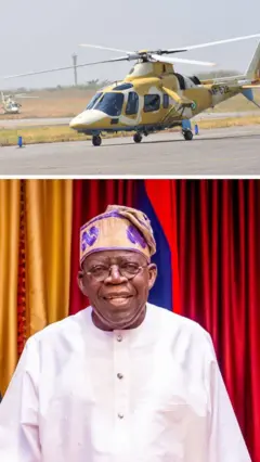 A collage of  Nigerian Air Force helicopter and President Bola Tinubu