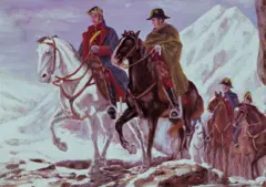 Pintura de José de San Martín a cavalo com outros soldados cruzando os Andes