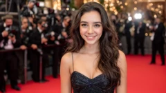 созданная ИИ "актриса" на красной ковровой дорожке в вечернем платье и в окружении фотографов 