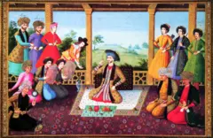 Pintura de Ali-Quli Jabbadar, representando uma cena do pavilhão do jardim real do século 17, da corte do xá Sulaiman, pertencente à dinastia safávida da Pérsia