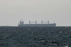 سفينة شحن في الخليج، بالقرب من مضيق هرمز، في صورة يبدو أنها التقطت نهاراً الشهر الماضي، والموج هادئ.