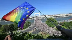 Budapeşte'deki Elisabeth Köprüsü'nde yürüyen on binler yukarıdan görüntülenmiş.