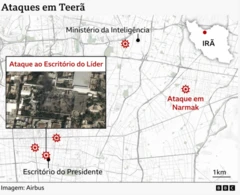 Infográfico mostrando locais dos ataques no Irã