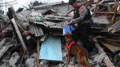 Aparat polisi dan anjing pelacak berusaha mencari kemungkinan adanya korban di bawah reruntuhan rumah yang terbakar di dekat Depo Pertamina Plumpang, Jakarta. 