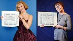 Duas fotos de Sophie Lloyd (em 1991 e em 2025) segurando o certificado do Magic Circle