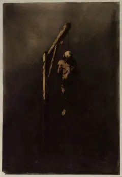 Hombre ahorcado (Pluma y aguada de tinta parda, lápiz de grafito, tinta negra y carboncillo sobre papel, 50,8 x 34,9 cm. Maisons de Victor Hugo, París / Guernsey).