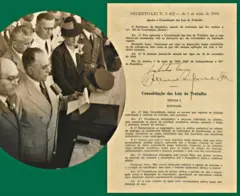 Montagem com foto de Vargas lendo discurso e, ao lado, uma página da CLT