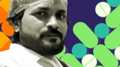 تصویرسازی چهره یک مرد که کلاه نایلونی طبی به سر دارد و پشت سر او طرح‌هایی از قرص و کپسول دیده می‌شود