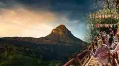 ශ්රී පාදය කඳු වැටිය පෙනෙන අතර එය වන්දනා කිරීමට යන පිරිසක් සහ කොඩිවැල් මෙහි දක්නට ලැබේ.