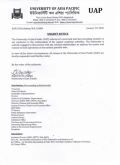 The University of Asia Pacific (UAP) authorities have announced the closure of the university for an indefinite period