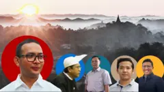 (ဝဲမှယာ) ဗိုလ်ချုပ် ထွန်းမြတ်နိုင်(ဝဲဘက်အစွန်ဆုံး မျက်မှန်တပ် ရှပ်ဖြူဝတ်)၊ သူ့ရဲ့ယောက္ခမ ဦးစံကျော်လှ(ခေါင်းပေါင်းဖြူ၊ တိုက်ပုံနက်ဝတ်ထားသူ ဝဲဘက်ဒုတိယမြောက်)၊ ဦးအောင်သာဝင်း(မျက်မှန်တပ်ပြီး ကင်မရာကိုကြည့်နေတဲ့ ရှပ်အကွက်ဝတ်)၊ ဦးအောင်မြတ်ကျော်(ယာဘက်က စပို့ရှပ်ခဲရောင်ဝတ် ဒုတိယမြောက် သက်လတ်ပိုင်း အမျိုးသား)နဲ့ ဗိုလ်မှူးကြီး ထွန်းမင်းနိုင်(ယာဘက်အစွန်ဆုံးမှာ နက်ပြာရောင် အပေါ်ထပ် အင်္ကျီဝတ်ထားပြီး ကင်မရာကိုကြည့်နေတဲ့ မျက်မှန်တပ်အမျိုးသား) တွေရဲ့ပုံဟောင်း အဖြူအမည်း မြောက်ဦး ဓာတ်ပုံနဲ့ ပေါင်းစပ်ထားတဲ့ပုံ 