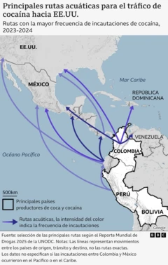 Mapa que muestra las rutas por agua para el tráfico de cocaína de América Latina a Estados Unidos.