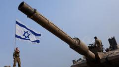 Soldado israelense tremulando bandeira de Israel ao lado de um tangue de guerra, em 1º de janeiro de 2024