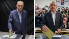 رجب‌طیب اردوغان و کمال قلیچداراوغلو در حال دادن در انتخابات امروز