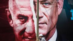 Afiche en una calle de Tel Aviv con los rostros de Benjamín Netanyahu y Benny Gantz.