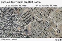 Duas imagens satélite de Gaza mostra local onde ficavam escolas e foram completamente destruídos