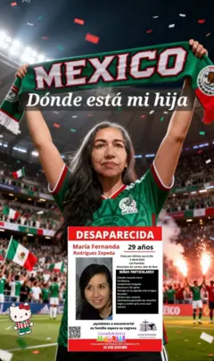 Una mujer con la camiseta de la selección mexicana de fútbol y una ficha de desaparición de su hija