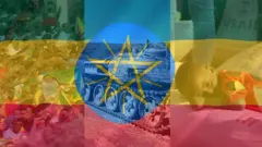 ከኢትዮጵያ ባንዲራ ጀርባ ታንክ፣ የተኛ ልጅ፣ እንዲሁም ሠልፈኞች