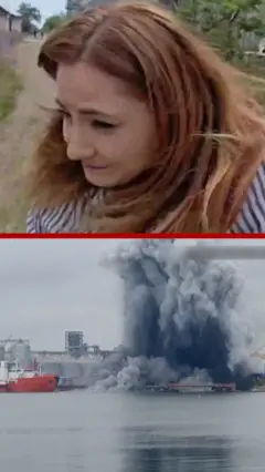 Podeljeni ekran, gore crvenokosa devojka, dole eksplozija
