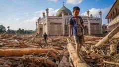 Seorang bocah berjalan meniti kayu-kayu yang memenuhi area Pondok Pesantren Darul Mukhlishin pascabanjir bandang di Desa Tanjung Karang, Karang Baru, Kabupaten Aceh Tamiang, Aceh, Jumat (5/12/2025). Usai sepekan setelah bencana banjir bandang, akses menuju Desa Tanjung Karang masih terhambat akibat banyaknya tumpukan pohon dan lumpur tebal dari Sungai Tamiang sehingga bantuan sulit masuk ke wilayah tersebut. 