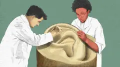 插圖：兩名穿著白袍的研究人員，正在仔細檢查一個放大版的人耳模型。