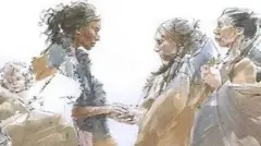 Ilustración que muestra el momento del encuentro entre denisovanos y Homo sapiens.