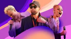 Коллаж с изображением SHAMAN, Ернара Садирбаева и Насти Кравченко.