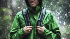 هغه سړی، چې باران ته ولاړ دی او زرغون د اوبو نه جذبونکي کوټ یې اغوستی او د شا بکس یې په شا دی. 