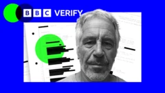Une capture d'écran de la photo d'identité judiciaire de Jeffrey Epstein. Derrière lui, on aperçoit des e-mails imprimés publiés par le ministère américain de la Justice, tous deux superposés au logo et aux couleurs de BBC Verify. 