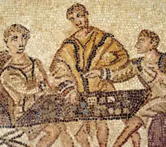 Jogadores de dados, painel de mosaico de Thysdrus, El Djem, Tunísia. Civilização romana, século 2 d.C.