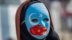 A protester against China's actions in Xinjiang wears a mask with the colours of the flag of East Turkestan
