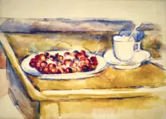 Naturaleza muerta con un plato de cerezas y una taza sobre una mesa
