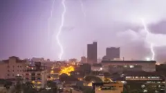 view of the skyline Colombo (Sri Lanka), night scene with a strong thunderstorm