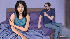 A woman and a man in bed together. The woman looks distressed, the man is angrily yelling at her.