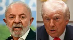 Presidente do Brasil, Lula, à esquerda, e presidente dos EUA, Trump, à direita