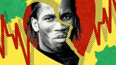 Un graphique audacieux et coloré représentant l'ancien attaquant de la Côte d'Ivoire Didier Drogba au milieu d'un cœur brisé et d'un pouls.