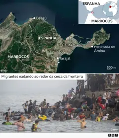Mapa e foto mostram crise de imigração ilegal em Ceuta.