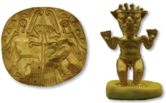 (ซ้าย) แผ่นทองคำสำหรับสวมทับทรวงอก มีลวดลายเป็นสัตว์ประหลาดที่เกิดจากการผสมผสานลักษณะของสัตว์หลายชนิด (ขวา) ตุ๊กตาทองคำขนาดเล็กที่มีหูและจมูกเหมือนค้างคาว