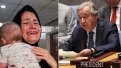 Collage image of one Iranian mother wey carry her injure pikin for Tehran inside Iran and Antonio Guterres, Secretary-General of di United Nations, during di UN Security Council meeting wia im tok about di conflict between Isreal and Iran