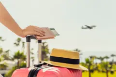 Mulher com mala cor-de-rosa e passaporte com cartão de embarque, virada para o mar com palmeiras